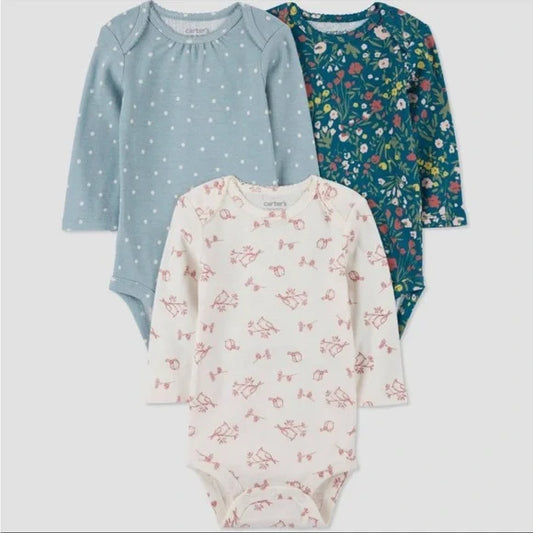 Kit 3 Bodies Carter’s Manga Longa – Floral & Passarinho