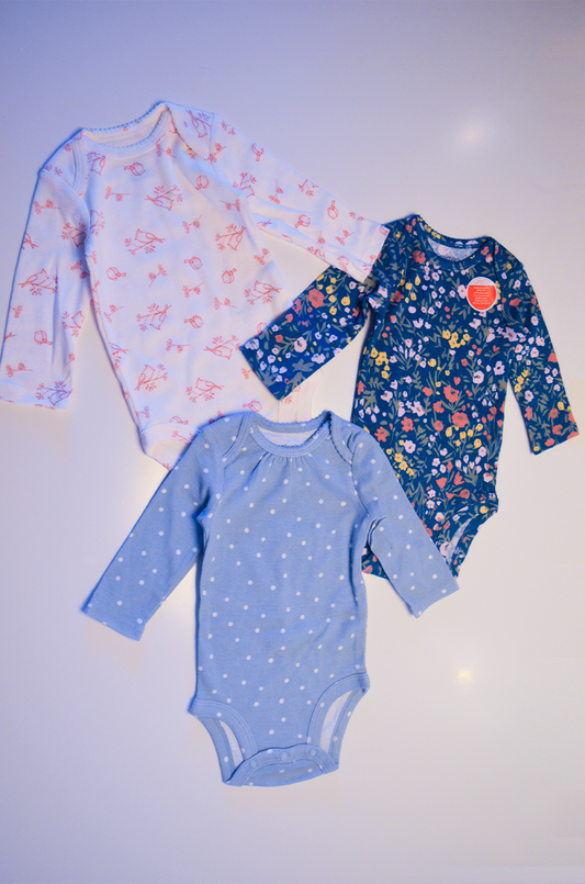 Kit 3 Bodies Carter’s Manga Longa – Floral & Passarinho