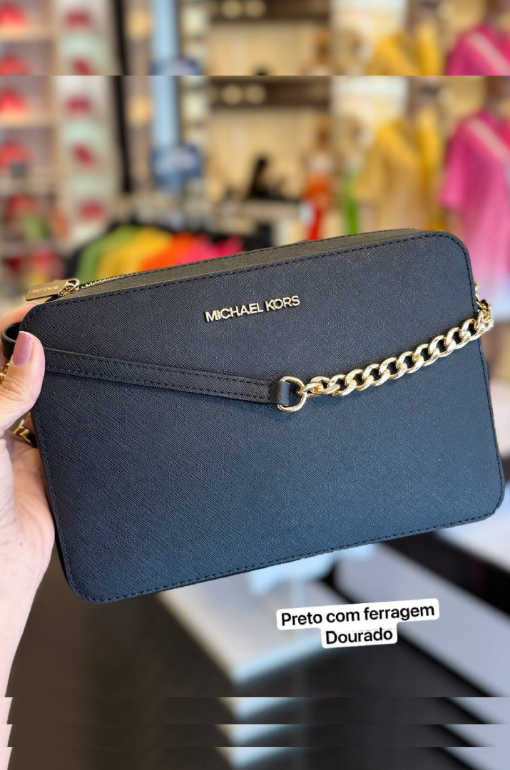 Bolsa Transversal Preta Michael Kors Chain Dourada