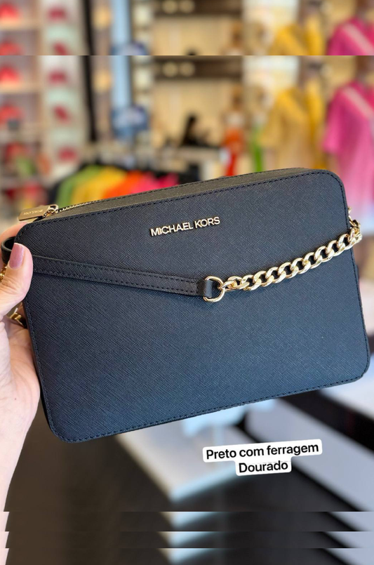 Bolsa Transversal Preta Michael Kors Chain Dourada