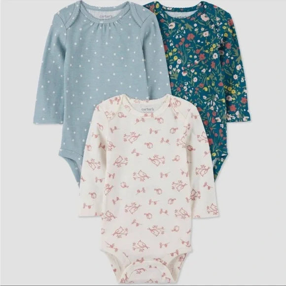 Kit 3 Bodies Carter’s Manga Longa – Floral & Passarinho